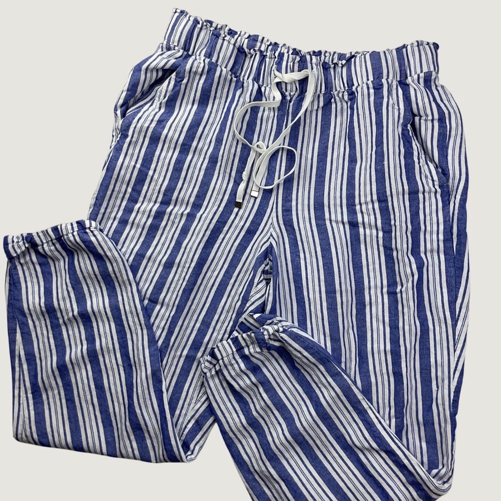 Loft Blue White Striped Linen Blend Joggers Paperbag Waist Small